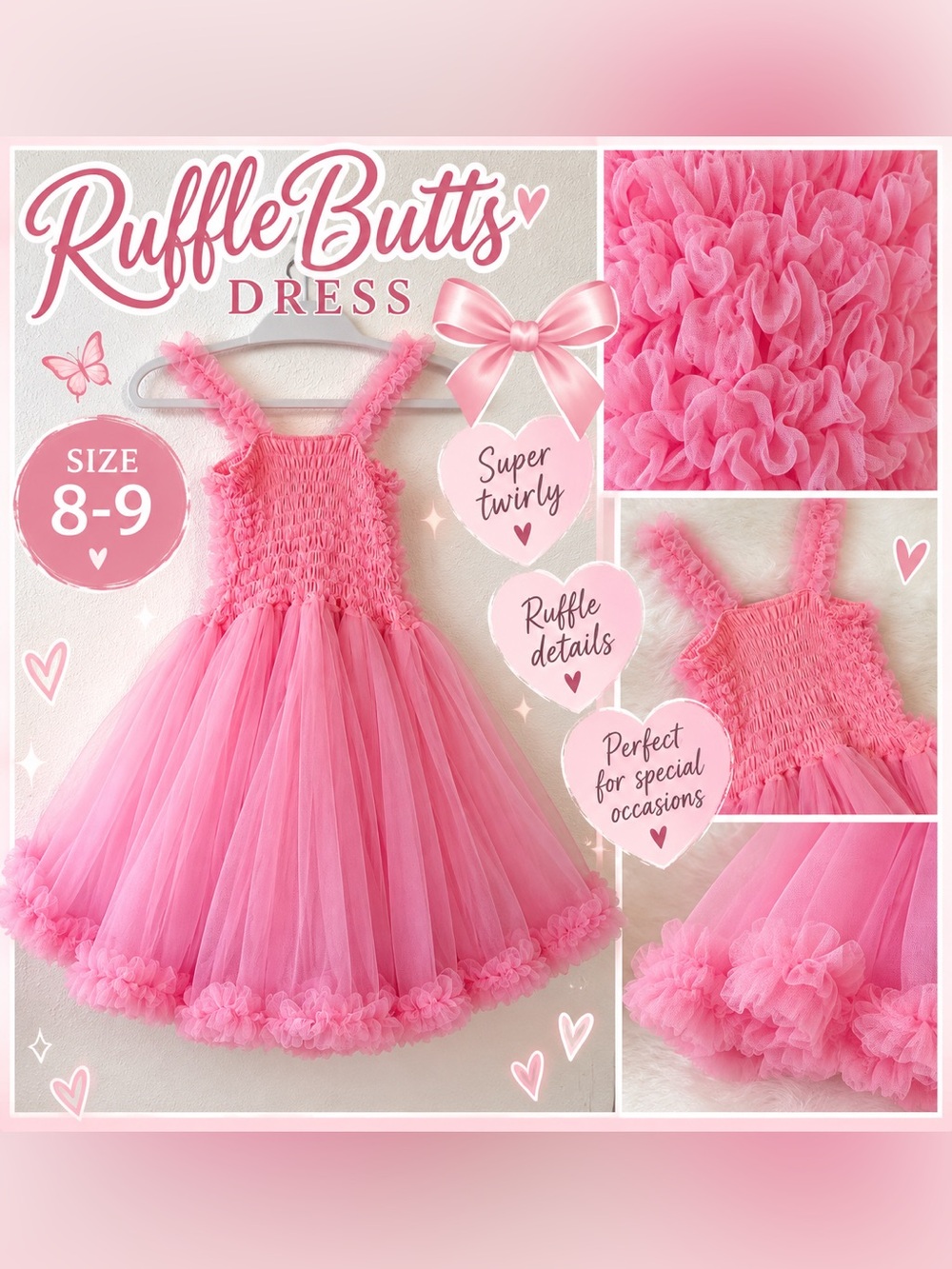 RuffleButts Pink Ruffled Pettidress – Girls Size 8-9, gorgeous and twirly